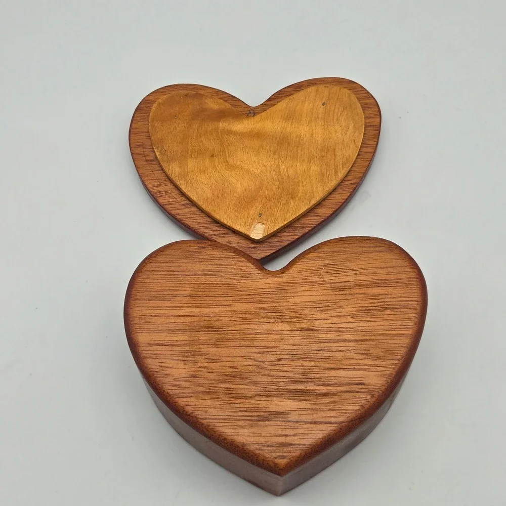 Vintage Handmade Heart Shaped Wood Trinket Box Rose Details Felt Lined Cottage